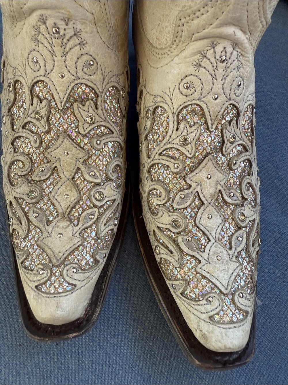 Corral Cowboy Boots WHITE GLITTERED SNIP TOE WEDDING booties 7.5 Women’s cowgirl - Picture 11 of 13